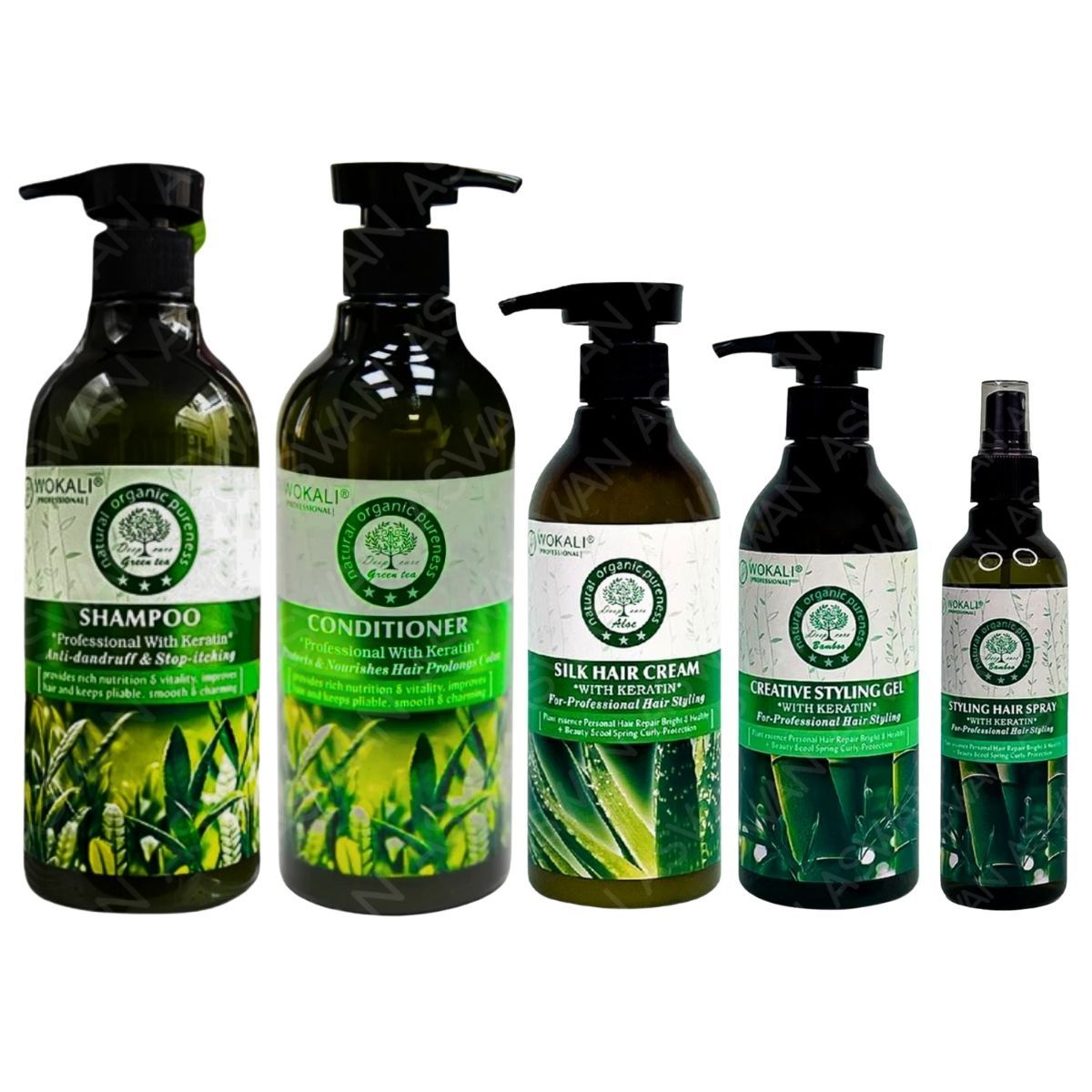 WOKALI - PACK 5 TE VERDE SHAMPOO & ACON 550ML & CREMA ALOE & FIJADOR BAMBÚ & LACA BAMBÚ - WOKALI