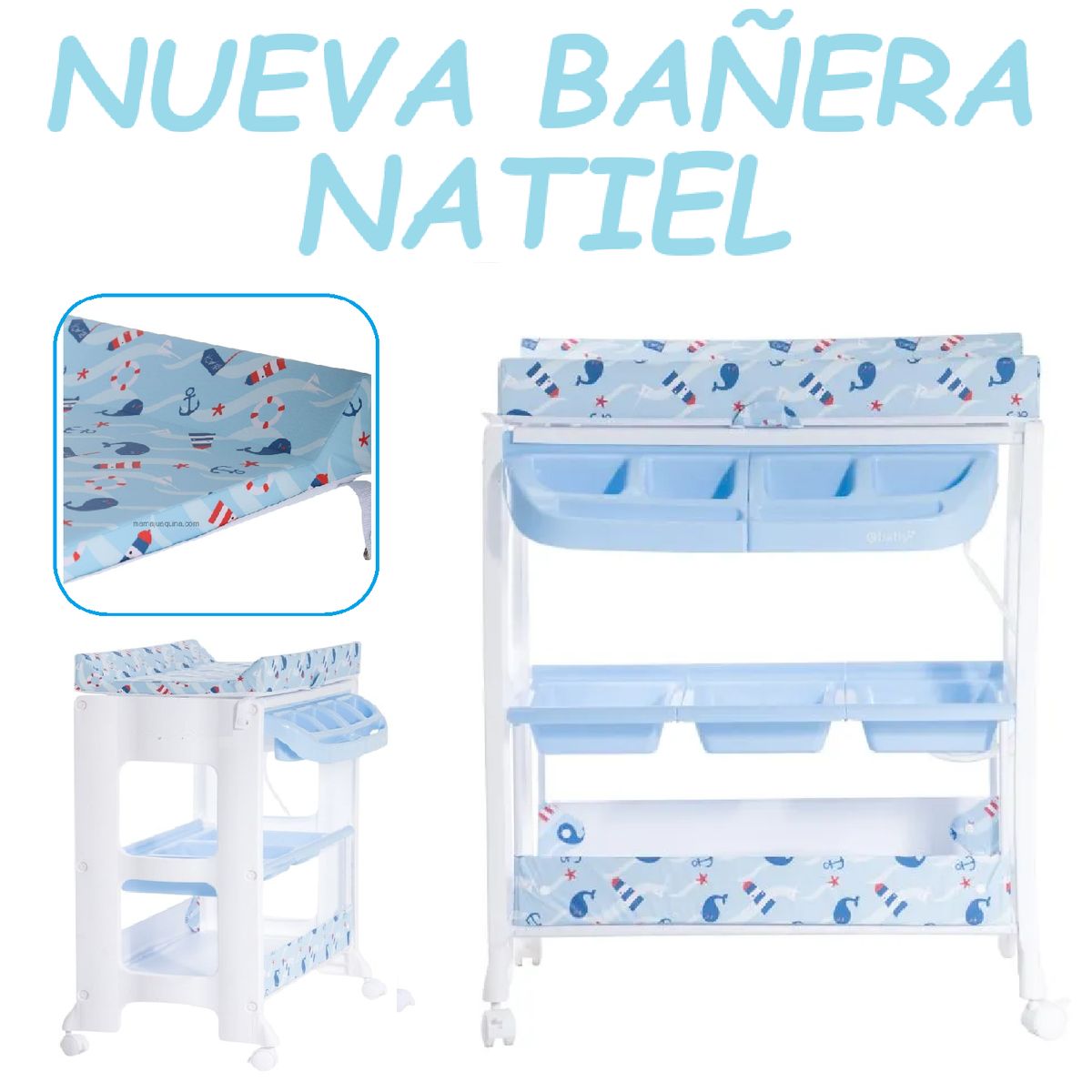 EBABY - Nueva Bañera NATIEL con Cambiador Organizador -Azul