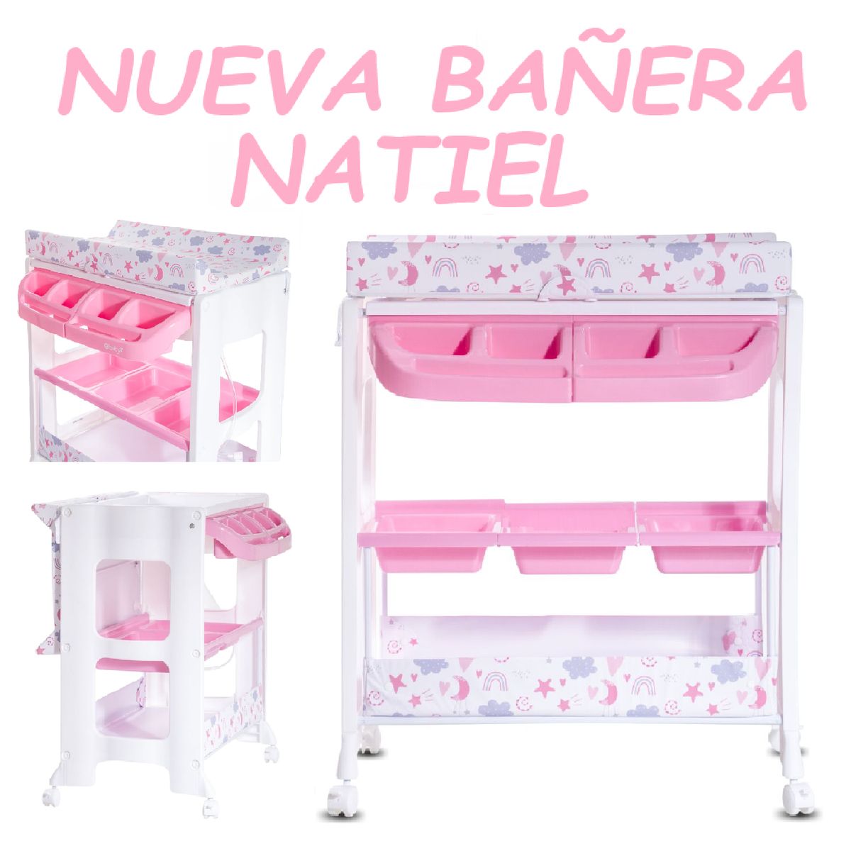 EBABY - Nueva Bañera NATIEL con Cambiador Organizador -Rosa