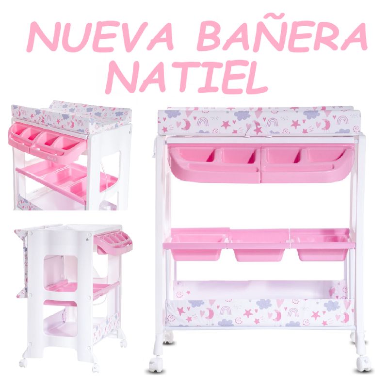 EBABY - Nueva Bañera NATIEL con Cambiador Organizador -Rosa