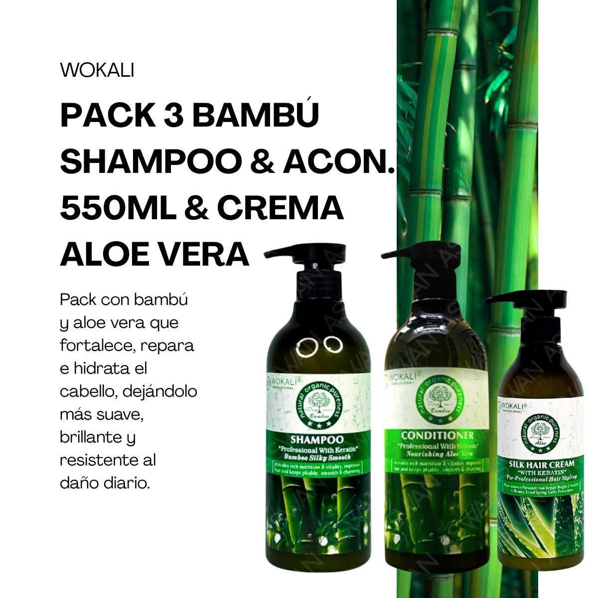 WOKALI - PACK 3 BAMBÚ  SHAMPOO & ACON 550ML & CREMA ALOE VERA - WOKALI