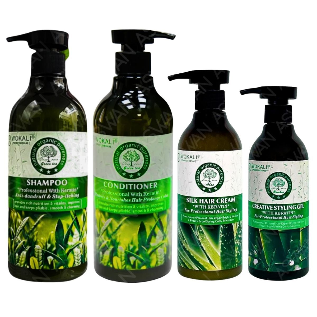 WOKALI - PACK 4 TE VERDE SHAMPOO & ACON 550ML & CREMA ALOE & FIJADOR BAMBÚ  - WOKALI