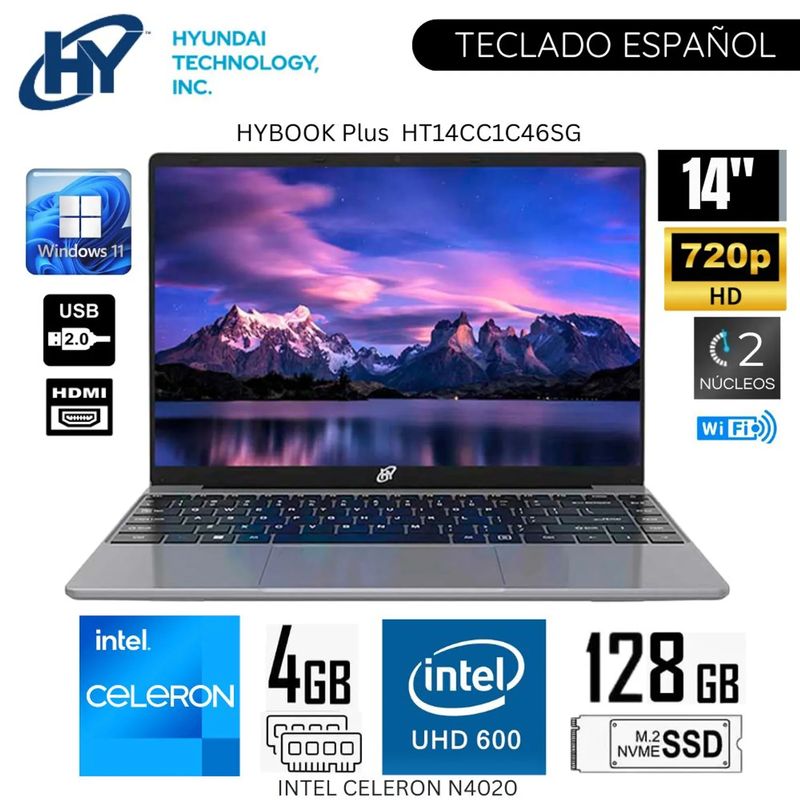 HYUNDAI - Laptop Hyundai Hybook Plus HT14CC1C46SG Intel Celeron N4020 4GB RAM 126GB SSD 14" HD WIN 11 - Gris