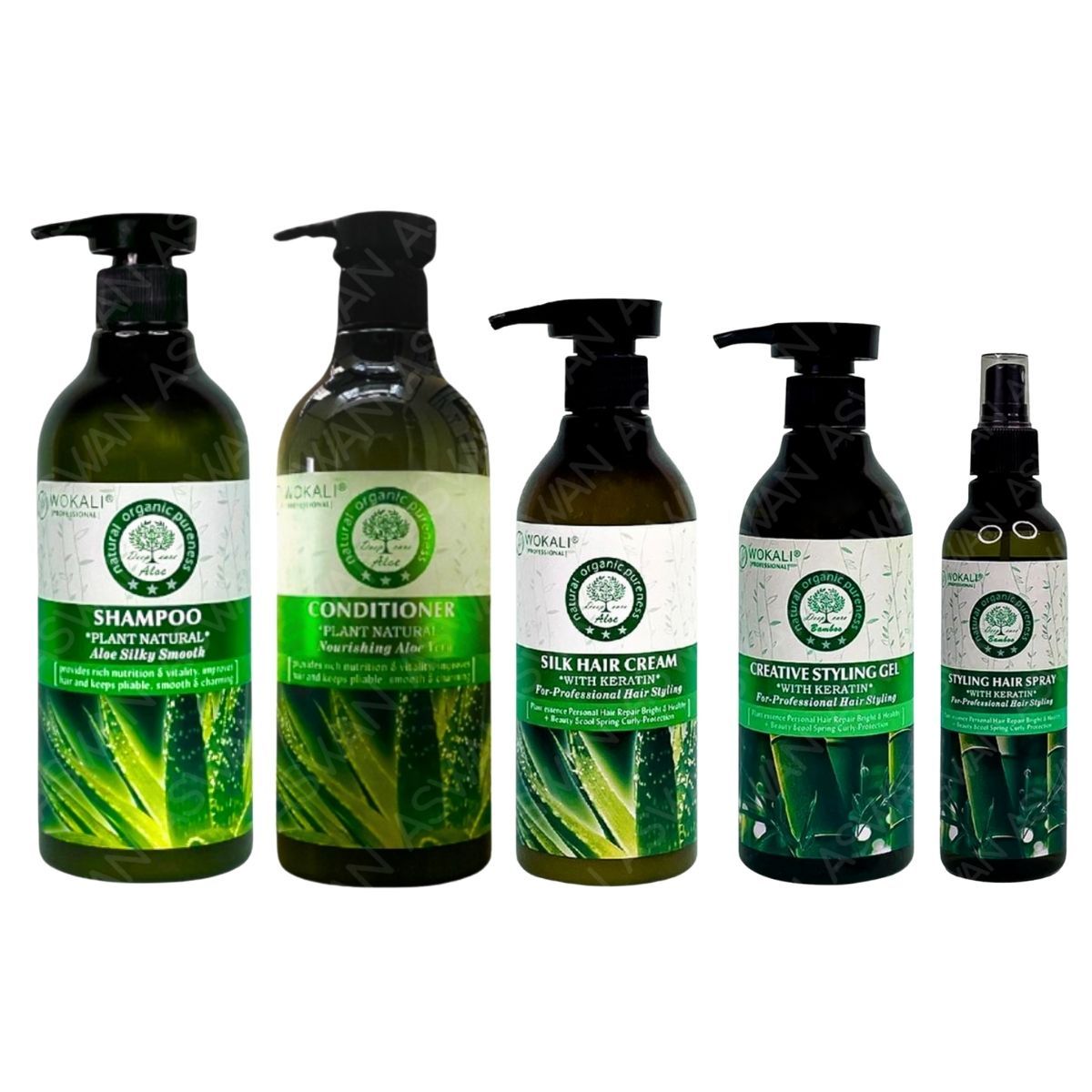WOKALI - PACK 5 ALOE VERA SHAMPOO & ACON 550ML & CREMA ALOE & FIJADOR BAMBÚ & LACA BAMBÚ - WOKALI