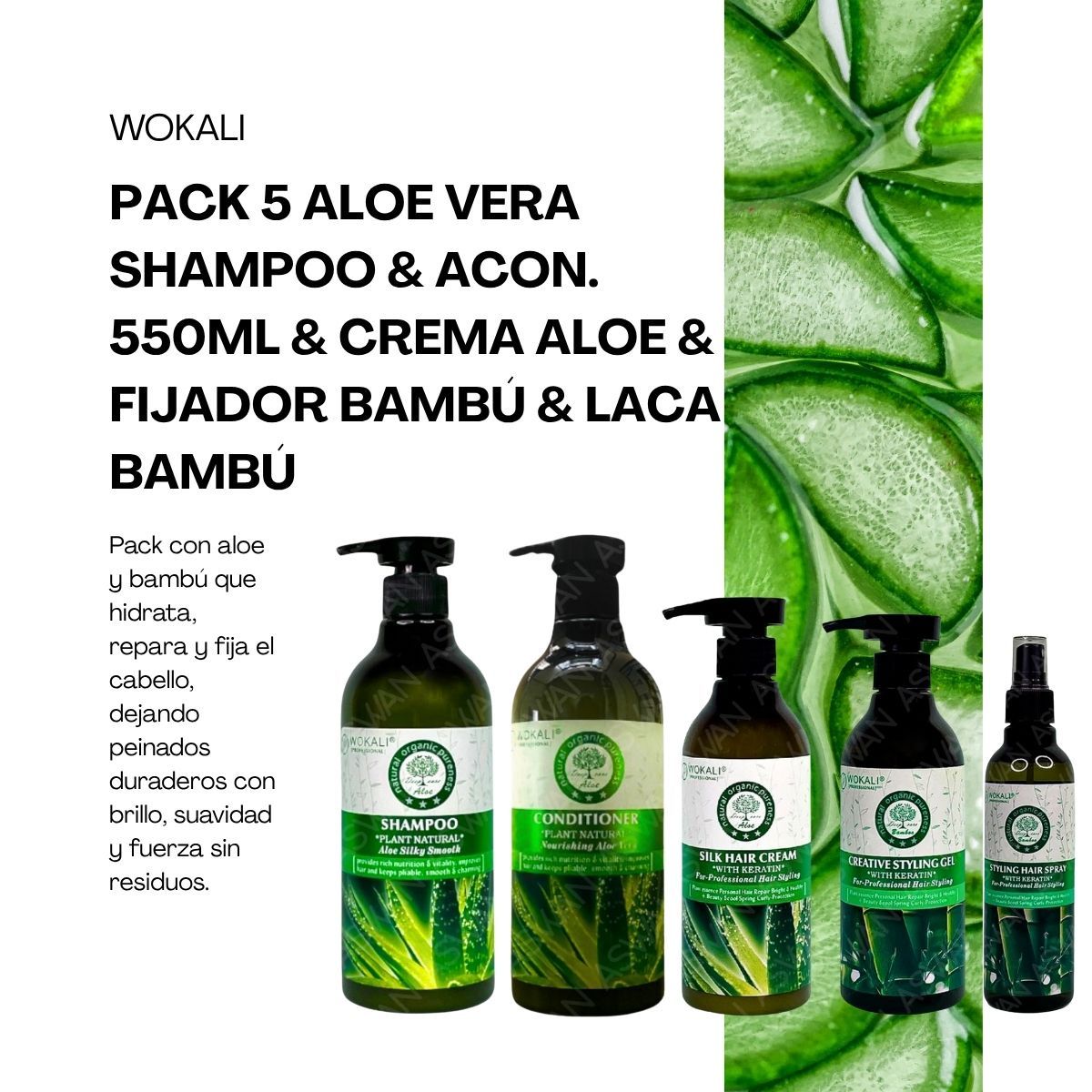 WOKALI - PACK 5 ALOE VERA SHAMPOO & ACON 550ML & CREMA ALOE & FIJADOR BAMBÚ & LACA BAMBÚ - WOKALI