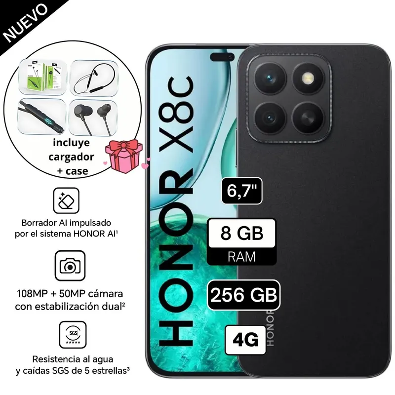 HONOR - Celular Honor X8C 256GB 8GB RAM cámara principal 108MP + 5MP frontal 50MP 6.7 Pulg black