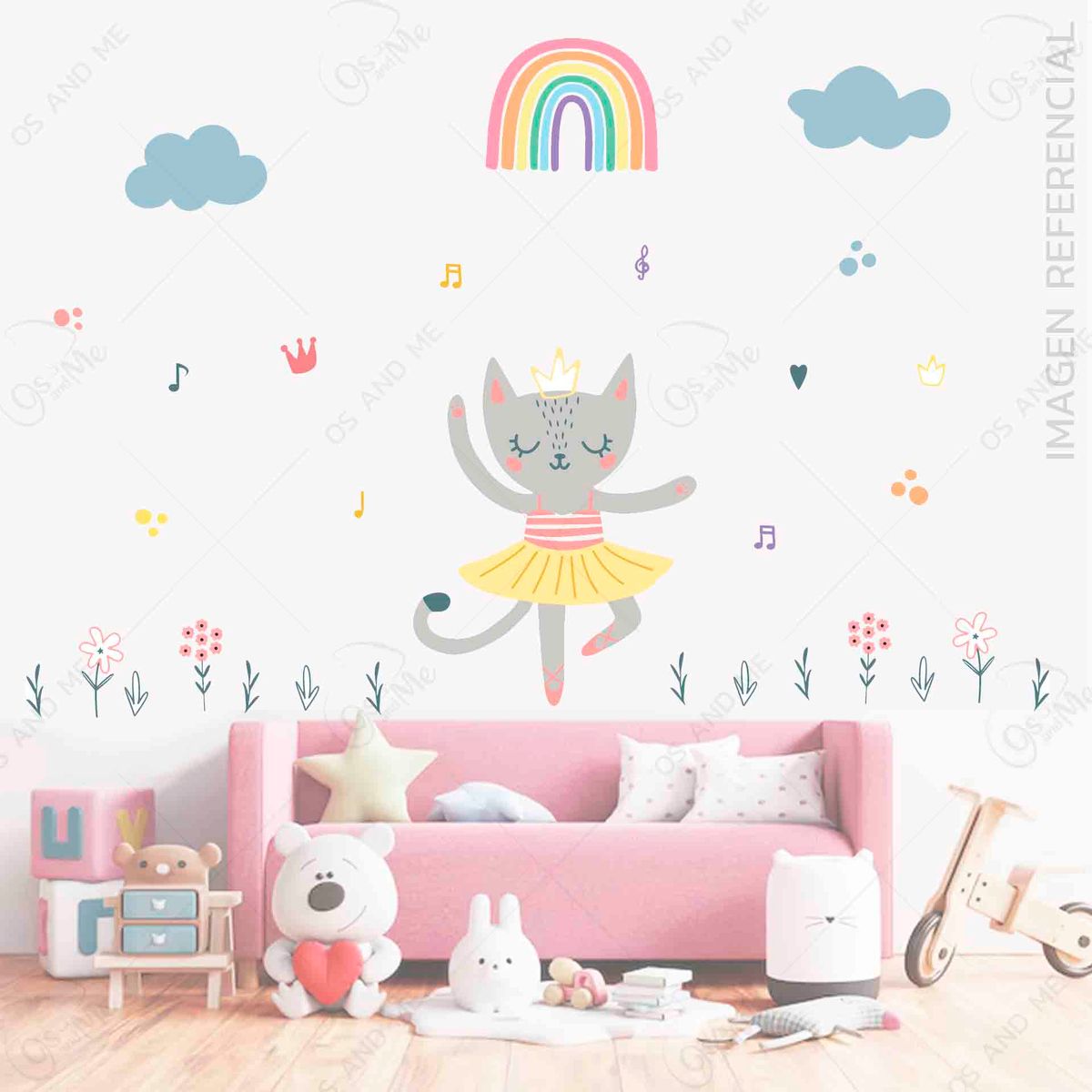 GENERICO - Vinil infantil Gato Bailarina con flores habitacion niña divertida