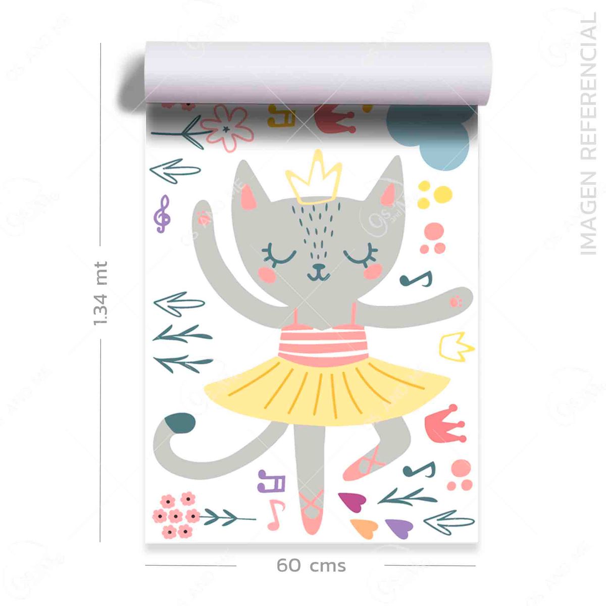GENERICO - Vinil infantil Gato Bailarina con flores habitacion niña divertida