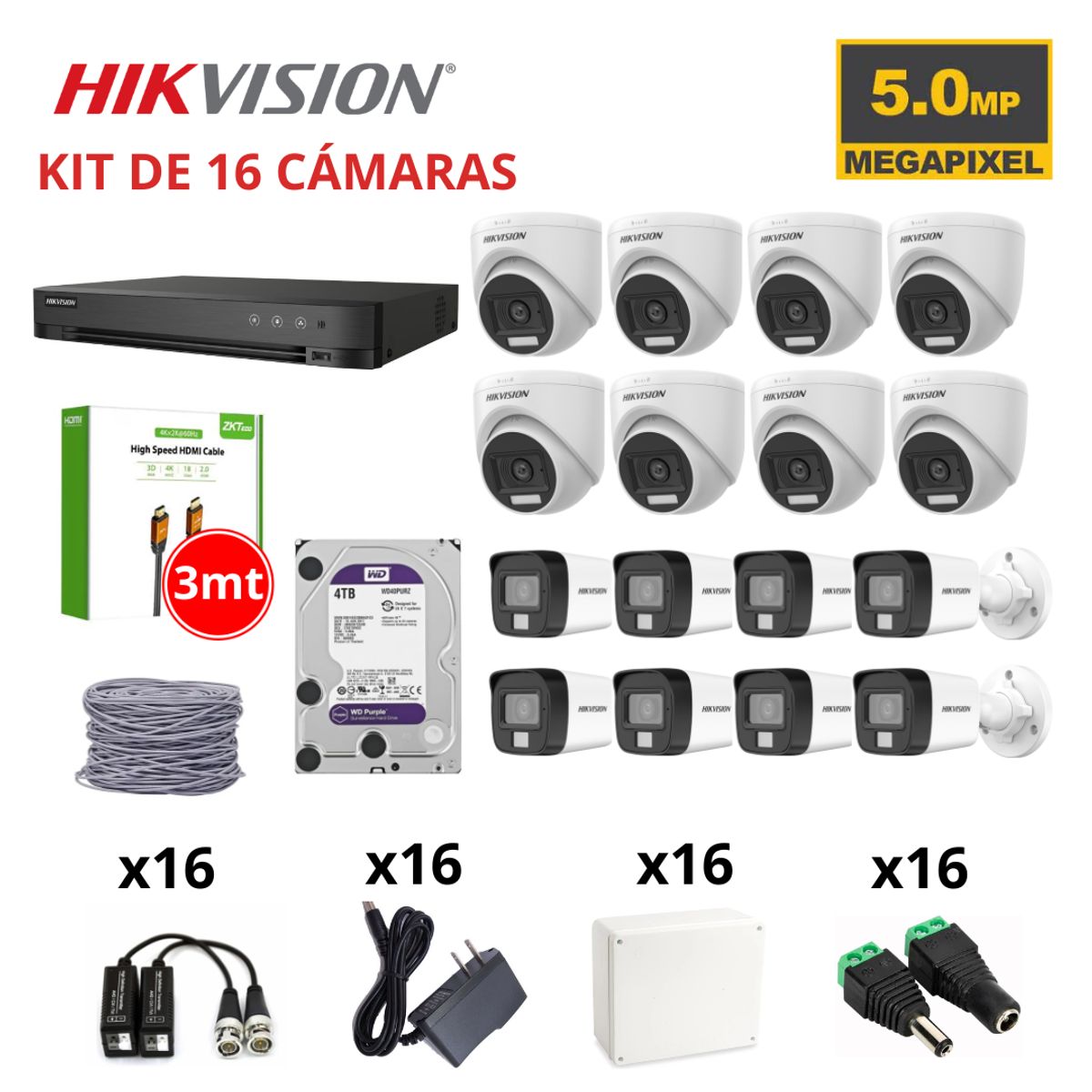 HIKVISION - KIT 16 CÁMARAS DE SEGURIDAD 5MP CON AUDIO + DISCO 4TB PURPURA + HDMI 3M