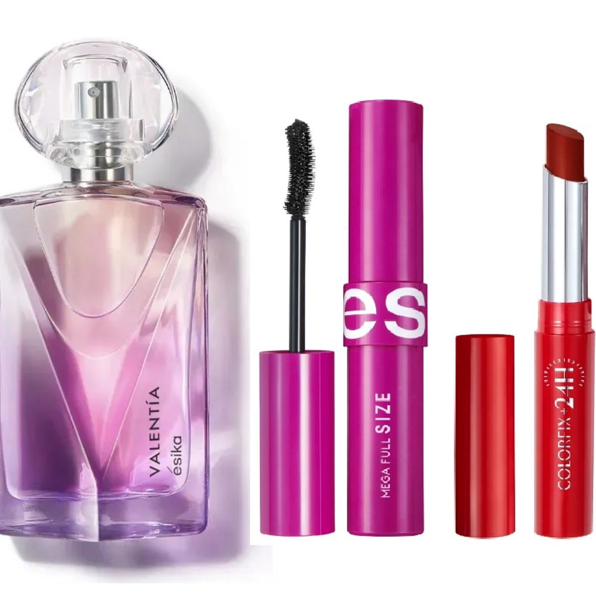 ESIKA - 3 PACK PERFUME VALENTIA + MASCARA PESTAÑAS + LABIAL COLORFIX