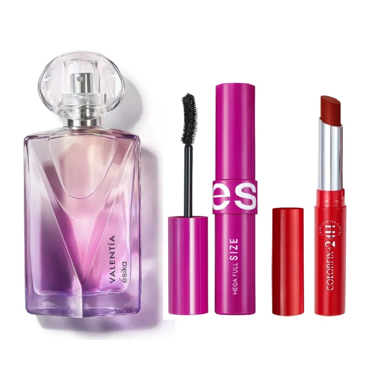 ESIKA - 3 PACK PERFUME VALENTIA + MASCARA PESTAÑAS + LABIAL COLORFIX