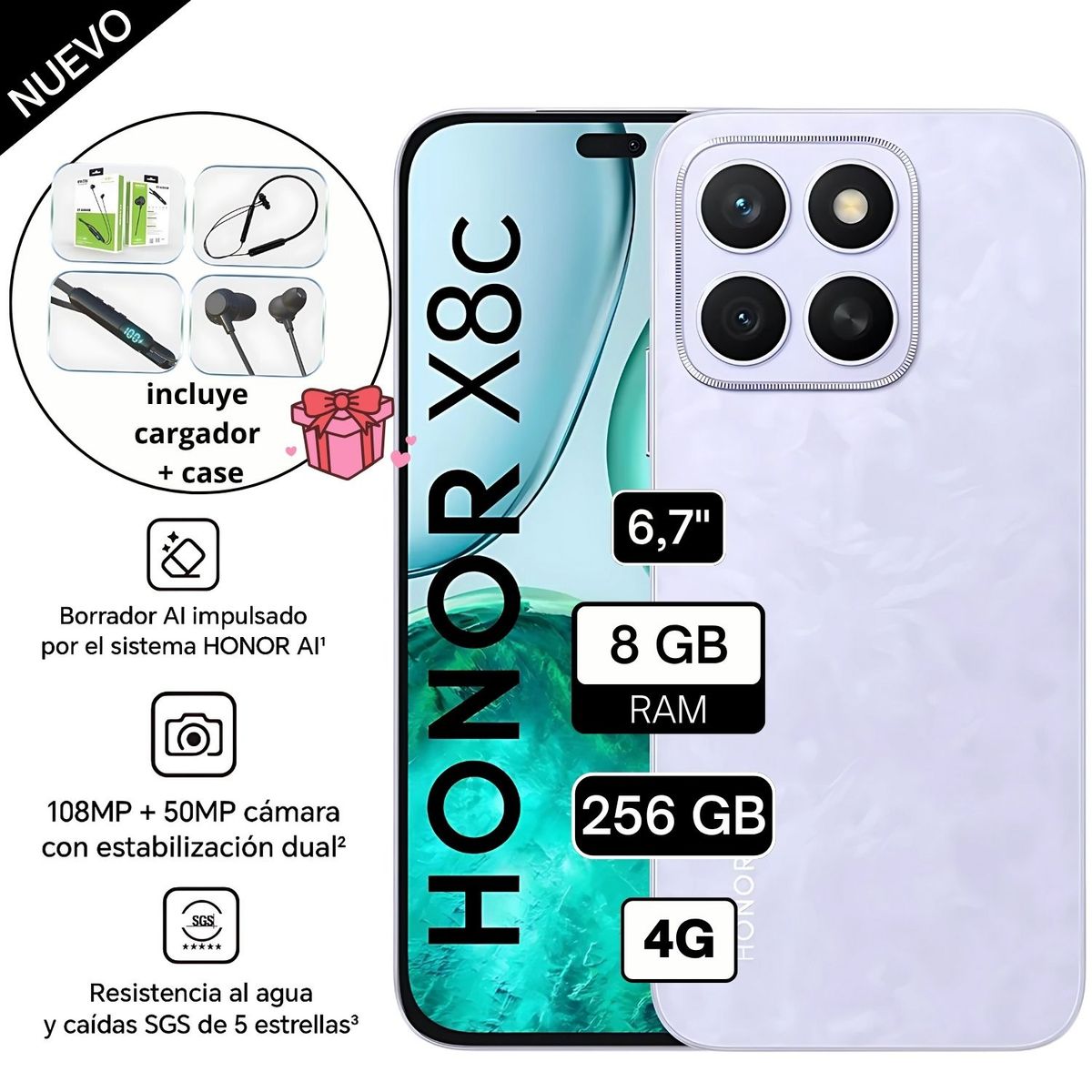 HONOR - Celular Honor X8C 256GB 8GB RAM cámara principal 108MP + 5MP frontal 50MP 6.7 Pulg LILA