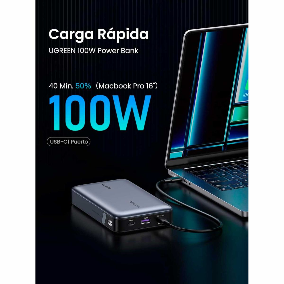 UGREEN - PowerBank Ugreen 20000 mAh 100W Carga Rapida Gris PB720 25188