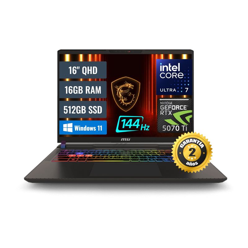 MSI - Laptop Gamer MSI Vector 16 HX16", Ultra 7 255HX, 16GB DDR5, SSD 512GB, RTX 5070Ti 12GB, Windows 11