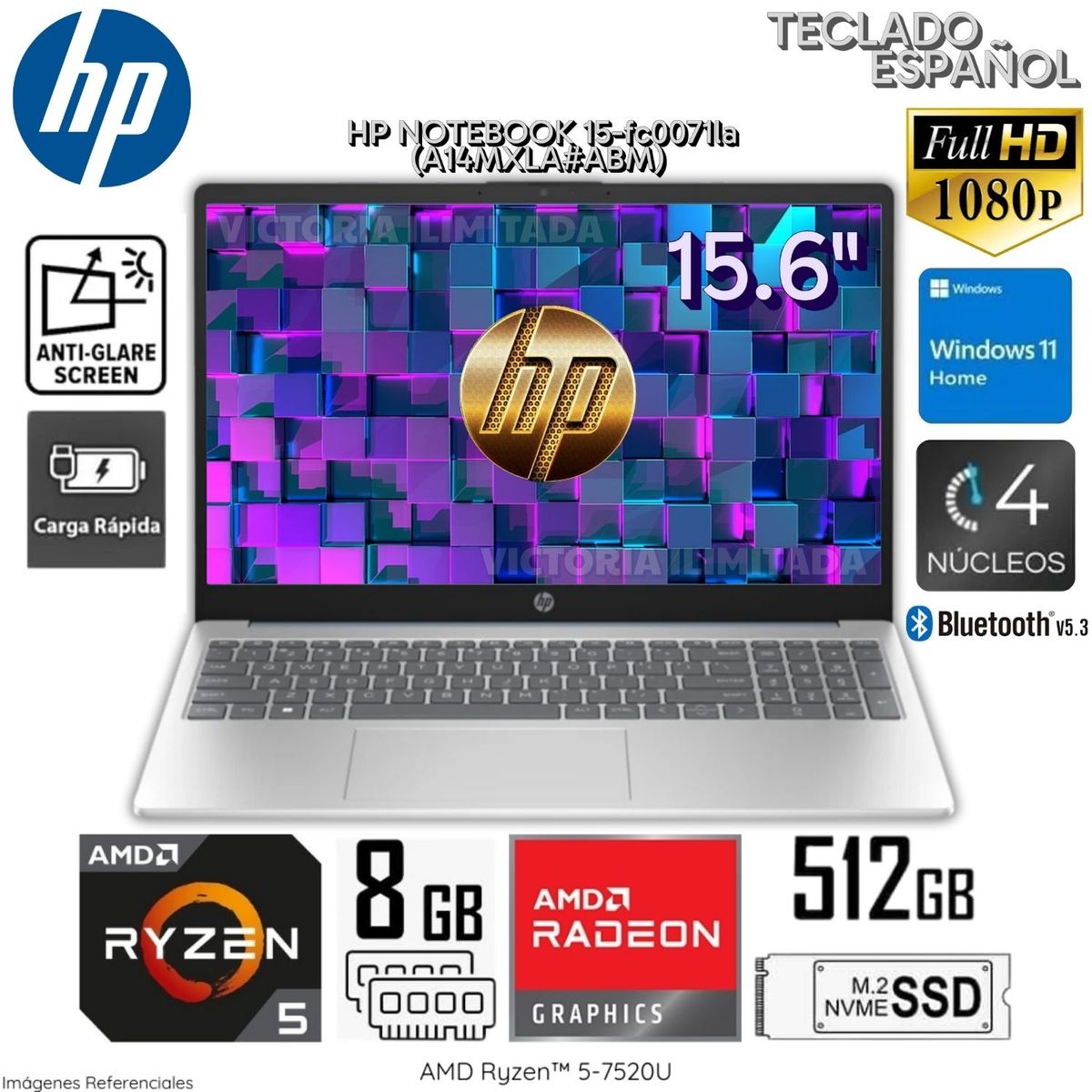 HP - Laptop HP 15-FC0071LA  AMD Ryzen 5 7520U 8GB RAM 512GB SSD 15.6"  FHD Windows 11 Home (A14MXLA#ABM)