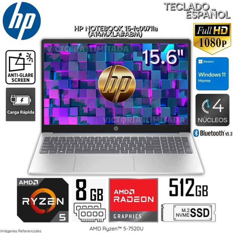 HP - Laptop HP 15-FC0071LA  AMD Ryzen 5 7520U 8GB RAM 512GB SSD 15.6"  FHD Windows 11 Home (A14MXLA#ABM)