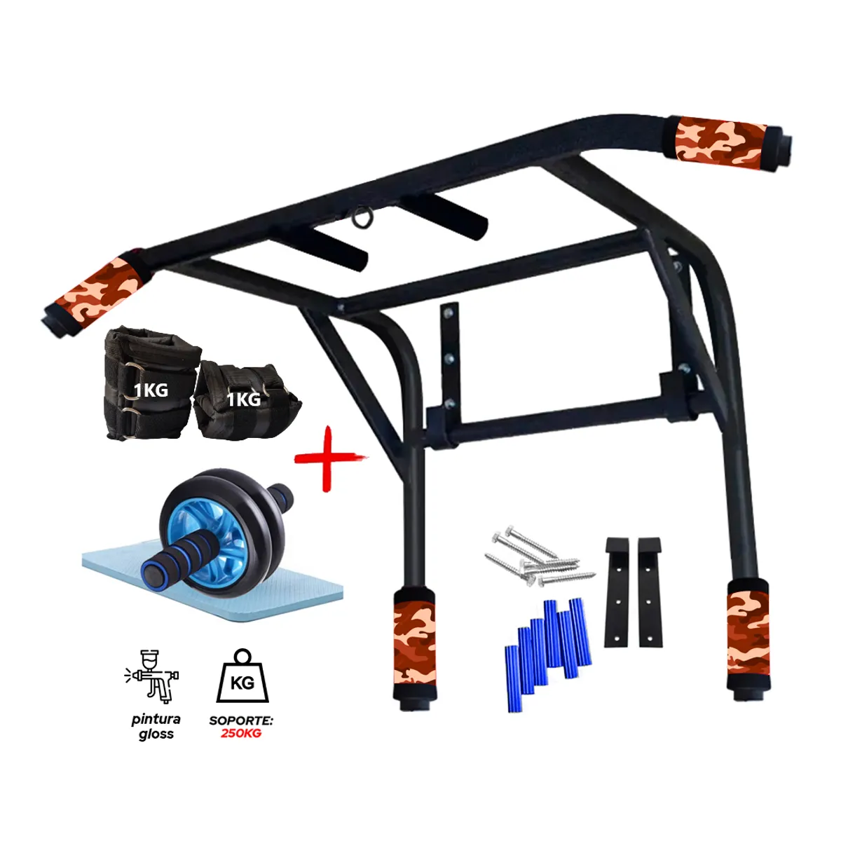 HOLGU - Barra Multifuncional 2 en 1 Paralela + Rueda Ab + Tobilleras 1Kg