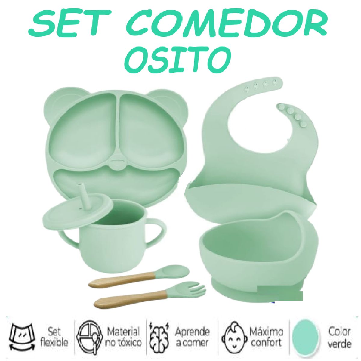GENERICO - Nuevo Set Comedor de Silicona Osito  6 Pzas -Verde C
