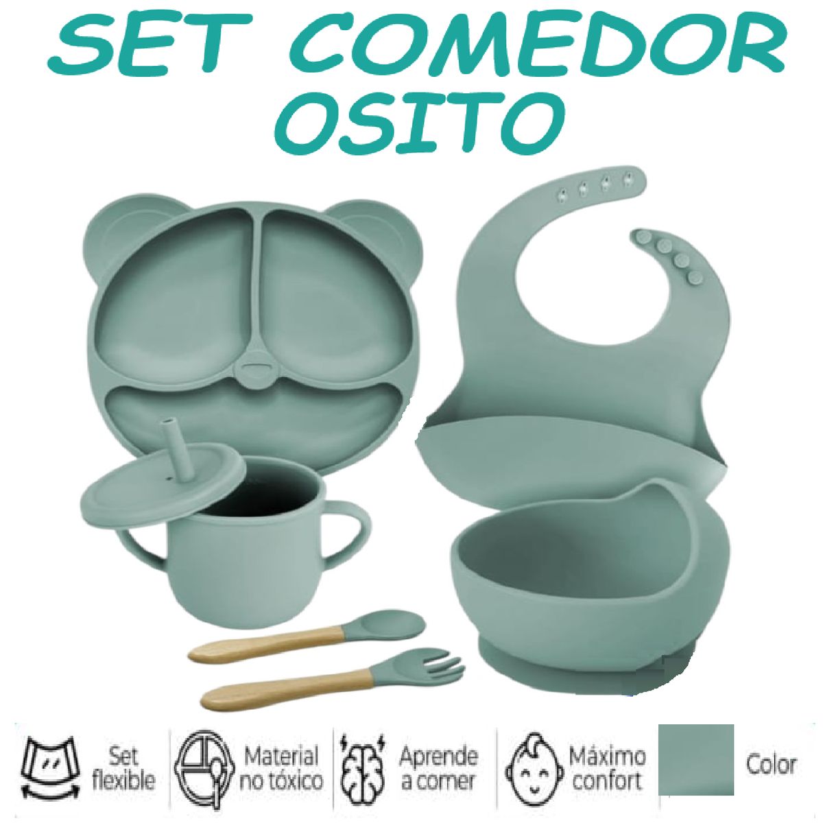 GENERICO - Nuevo Set Comedor de Silicona Osito  6 Pzas -Verde