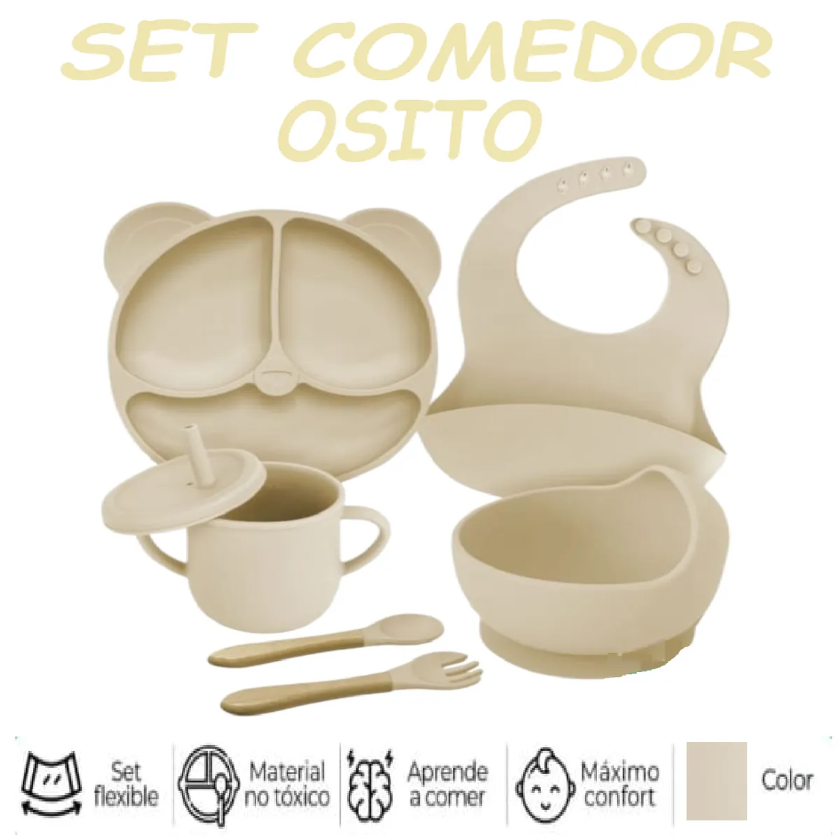 GENERICO - Nuevo Set Comedor de Silicona Osito  6 Pzas -Beige