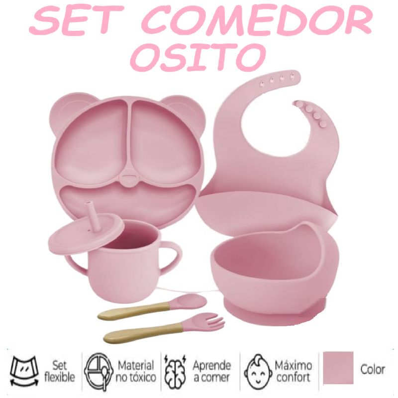 GENERICO - Nuevo Set Comedor de Silicona Osito  6 Pzas - Rosa