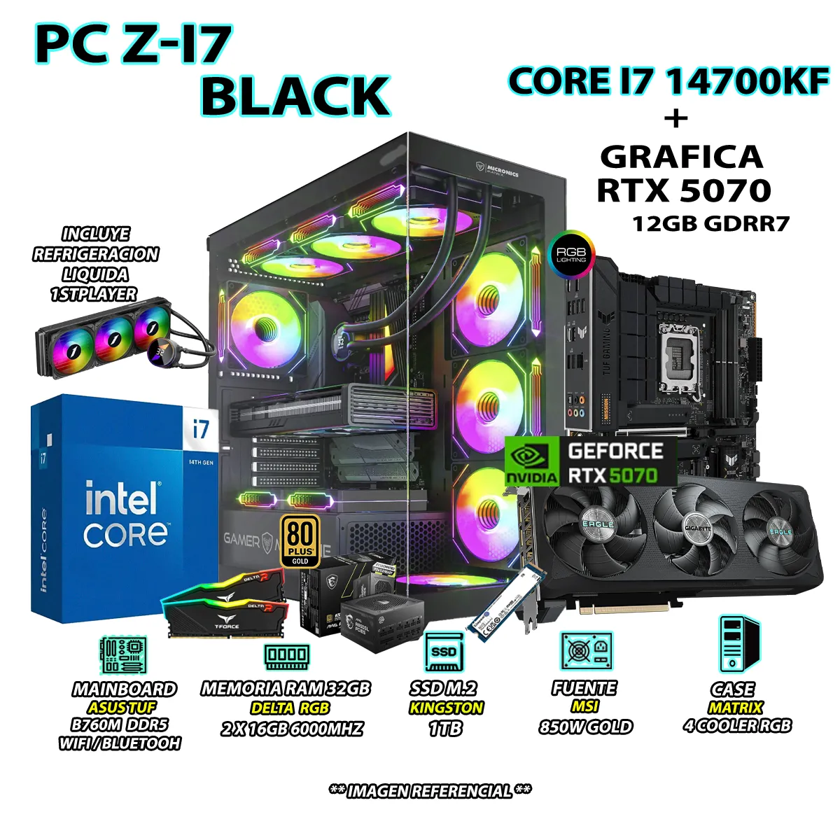 INTEL - Computadora PC Gamer PRO Core i7 14700KF RAM 32GB SSD 1TB GRAFICA RTX 5070 12GB