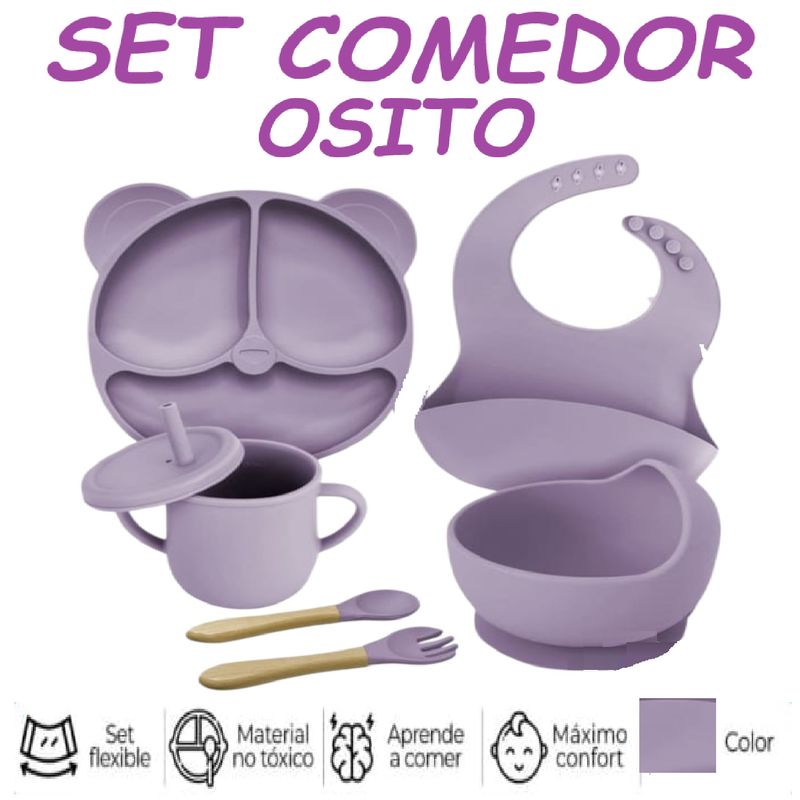 GENERICO - Nuevo Set Comedor de Silicona Osito  6 Pzas - Morado