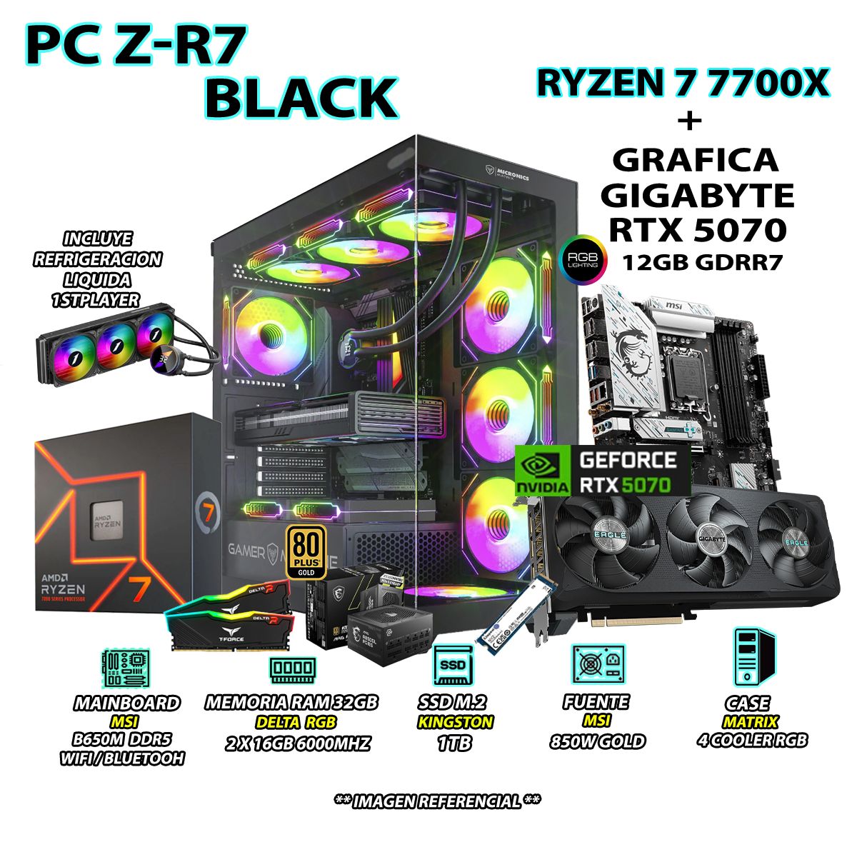 INTEL - Computadora PC Gamer PRO RYZEN 7 7700X RAM 32GB SSD 1TB GRAFICA RTX 5070 12GB