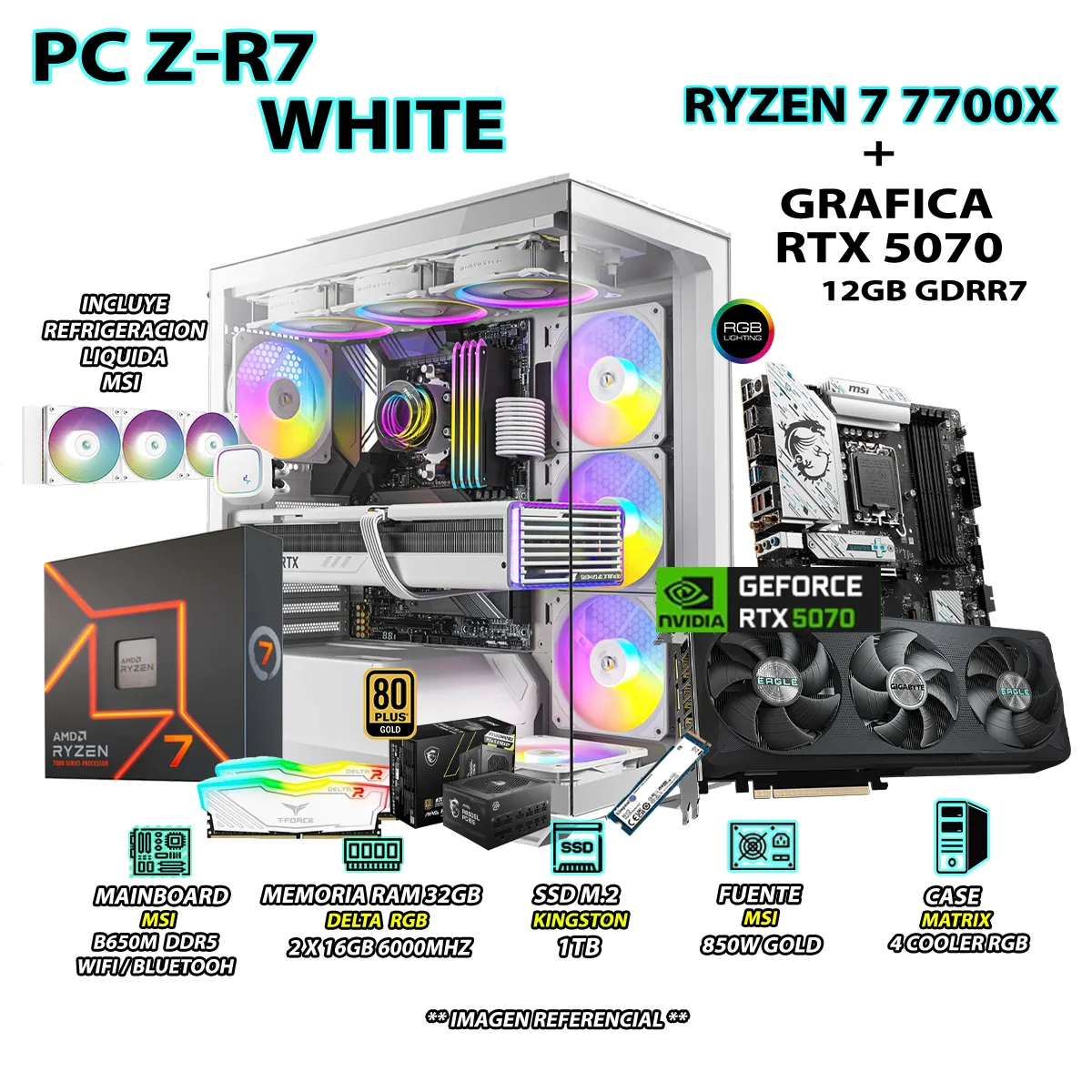 INTEL - Computadora PC Gamer PRO RYZEN 7 7700X RAM 32GB SSD 1TB GRAFICA RTX 5070 12GB
