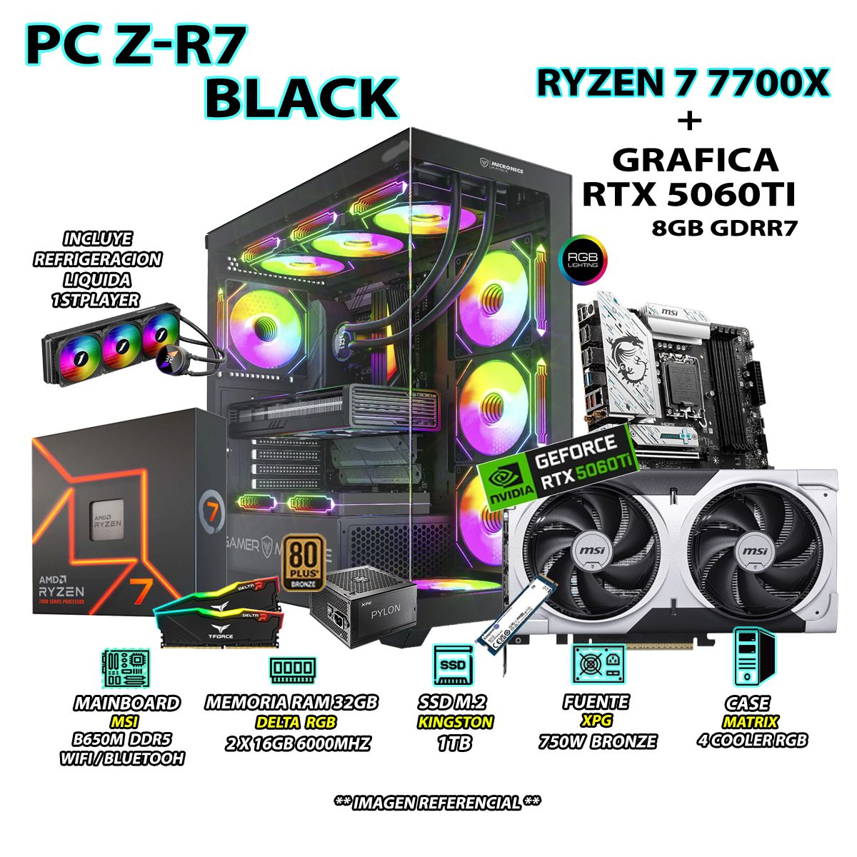 INTEL - Computadora PC Gamer PRO RYZEN 7 7700X RAM 32GB SSD 1TB GRAFICA RTX 5060TI 8GB