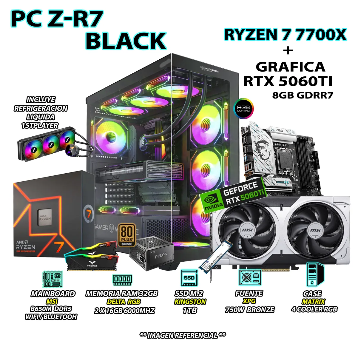 INTEL - Computadora PC Gamer PRO RYZEN 7 7700X RAM 32GB SSD 1TB GRAFICA RTX 5060TI 8GB
