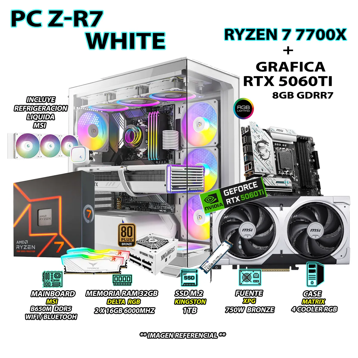 INTEL - Computadora PC Gamer PRO RYZEN 7 7700X RAM 32GB SSD 1TB GRAFICA RTX 5060TI 8GB