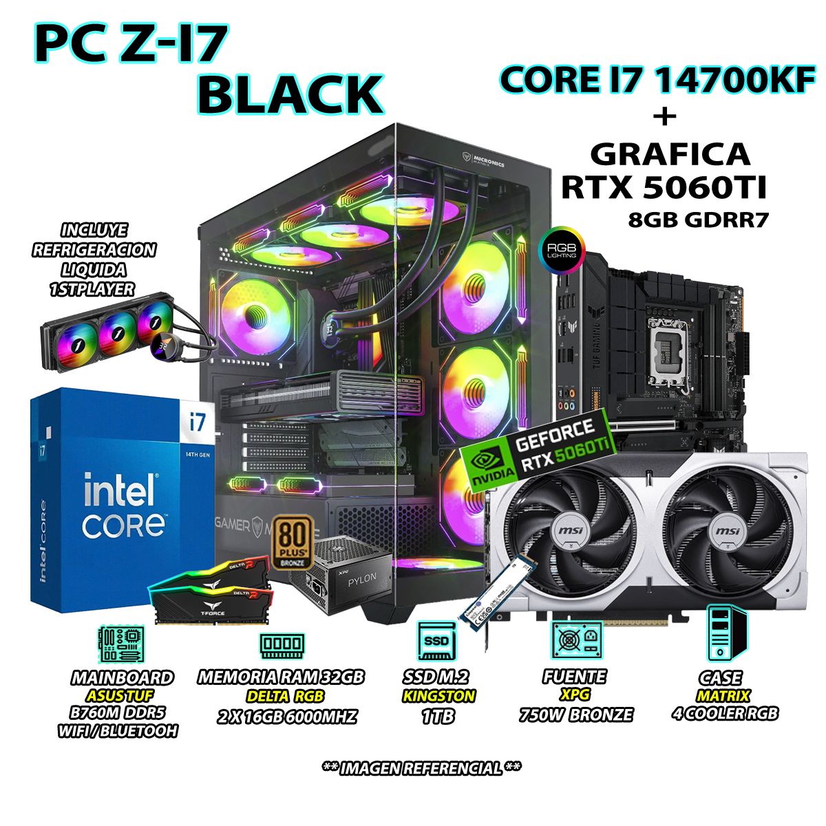 INTEL - Computadora PC Gamer INTEL I7 14700KF RAM 32GB SSD 1TB GRAFICA RTX 5060TI 8GB