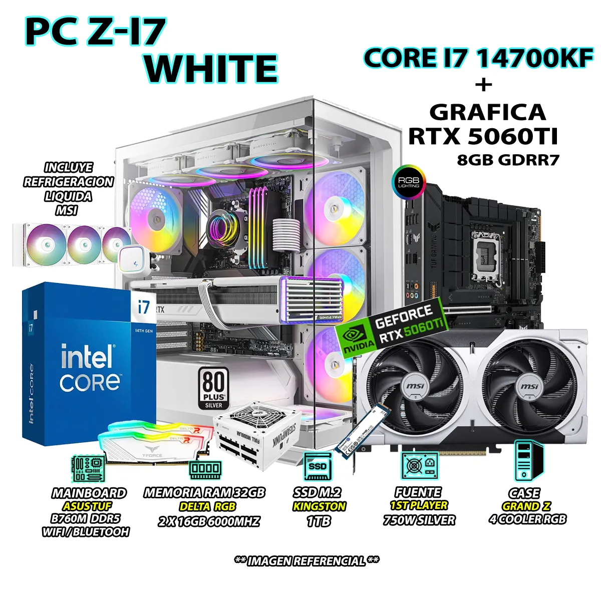 INTEL - Computadora PC Gamer INTEL I7 14700KF RAM 32GB SSD 1TB GRAFICA RTX 5060TI 8GB