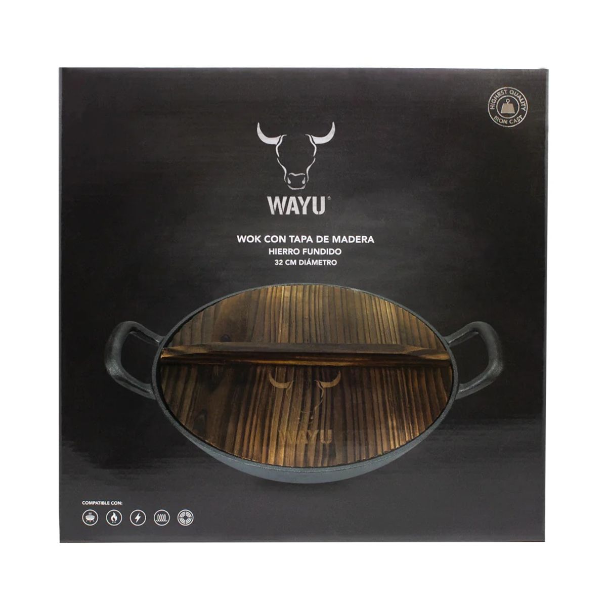 WAYU - WOK DE HIERRO FUNDIDO CON TAPA DE MADERA WAYU 32 CM DE DIAMETRO
