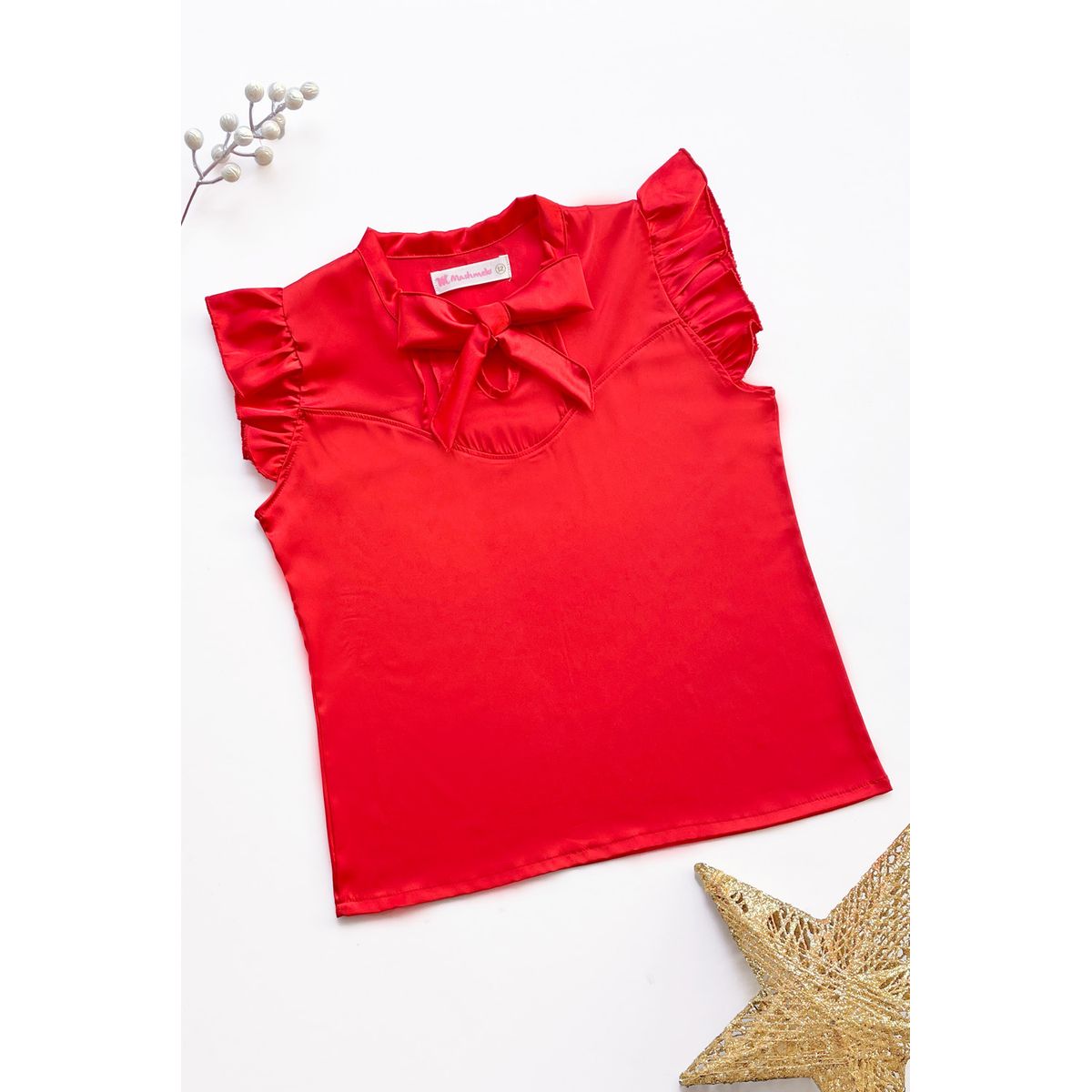 KIDS MASHMELO - BLUSA CON LAZO EN ESCOTE Y MANGA CON VOLANTE PARA NIÑA KIDS MASHMELO