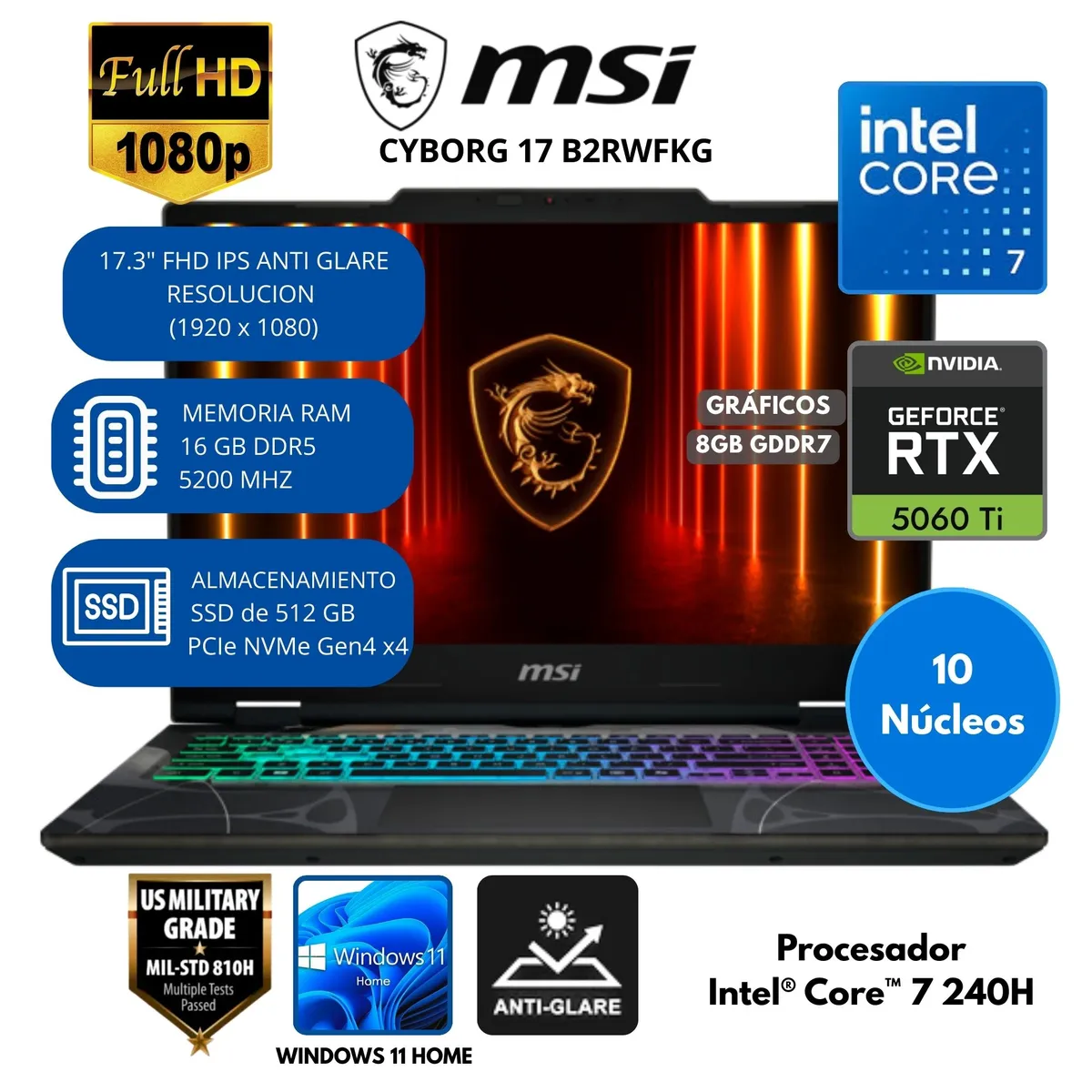 MSI - Laptop Gaming MSI INTEL CORE 7 (CYBORG 17 B2RWFKG) RAM 16 GB SSD 512 GB 17.3" FHD IPS Windows 11