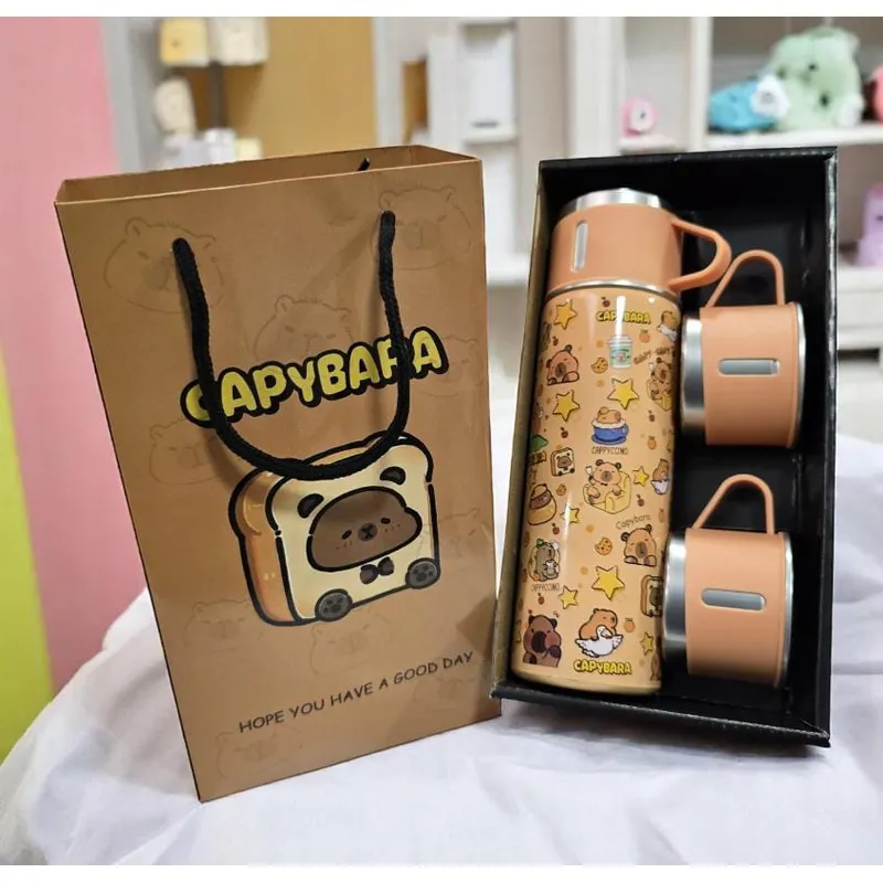 MORITA BAG STORE - TERMO CAPIBARA DE 500 ML CON 2 TAZAS DE REGALO - NARANJA