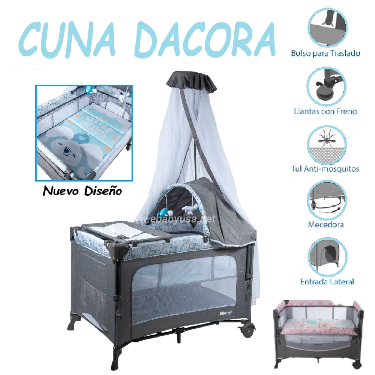 EBABY - Nueva Cuna Corral Dacora Con Diseño Ebaby - Verde
