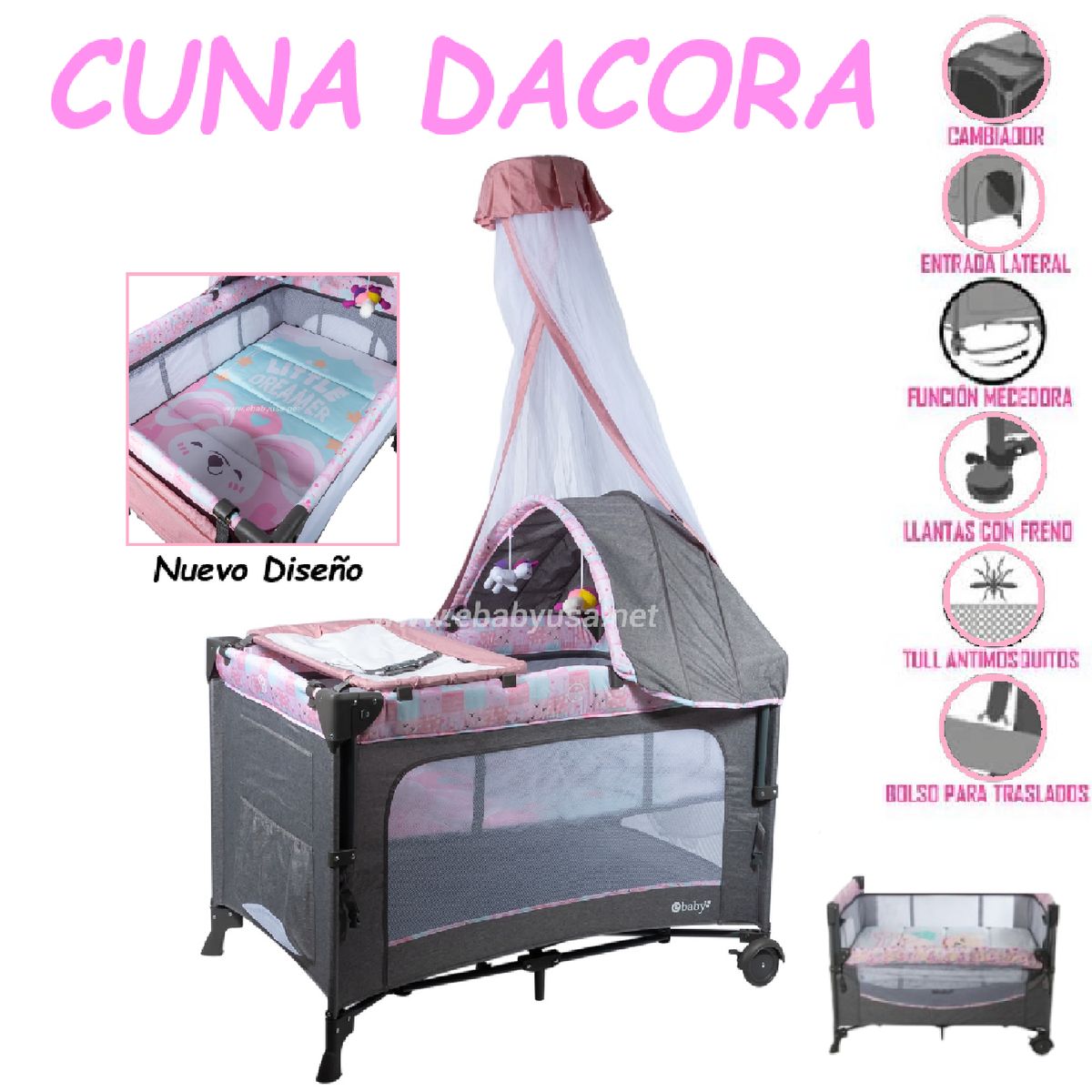 EBABY - Nueva Cuna Corral Dacora Con Diseño Ebaby - Rosa