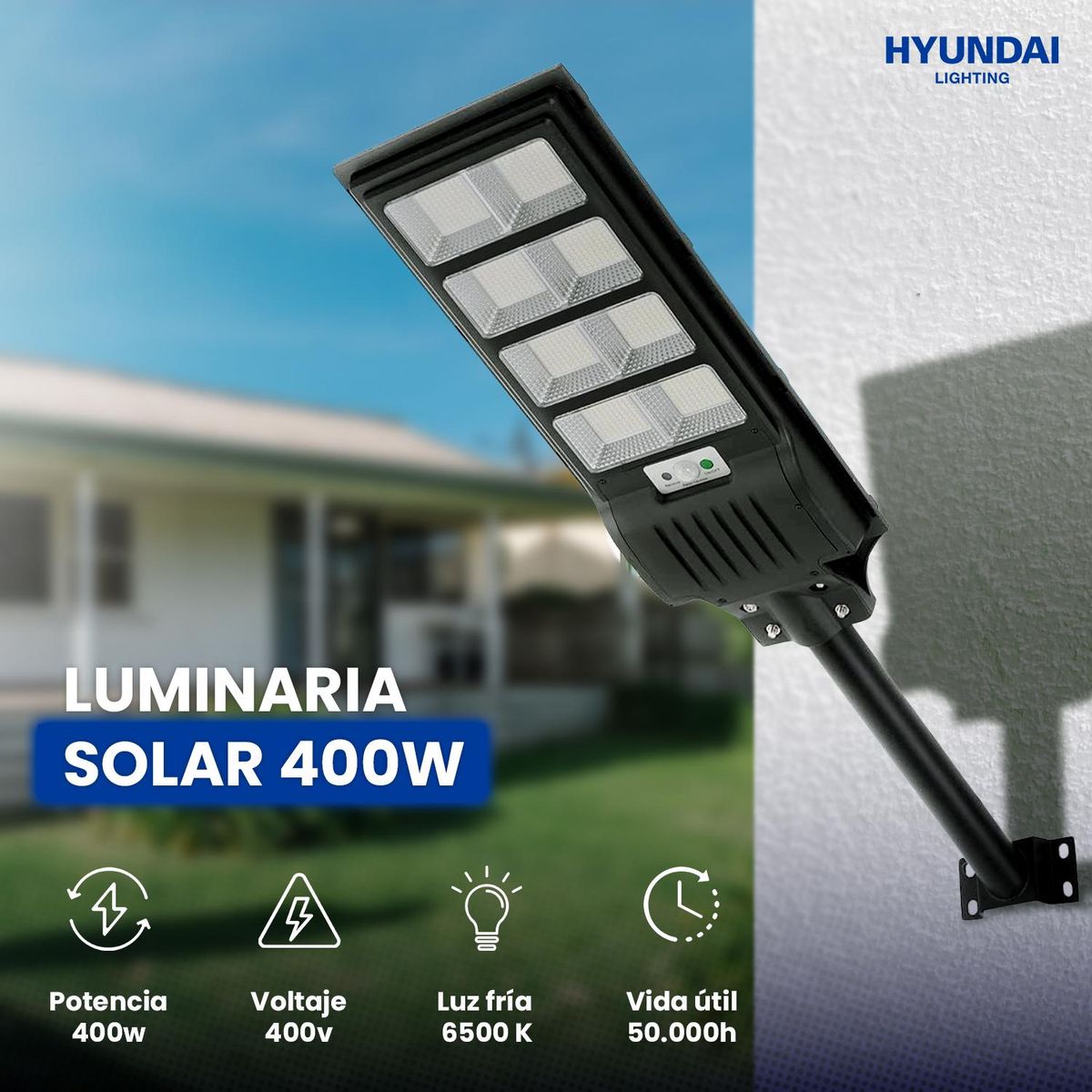 HYUNDAI - Reflector Lampara Farola Con Panel Solar Exterior + Control + Sensor