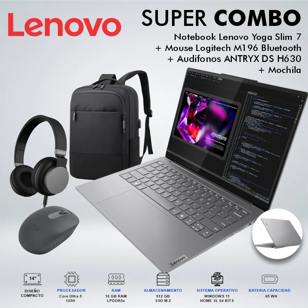 LENOVO - LAPTOP YOGA SLIM 7 WUXGA OLED Core Ultra 5 16GB LPDDR5x 512GB SSD