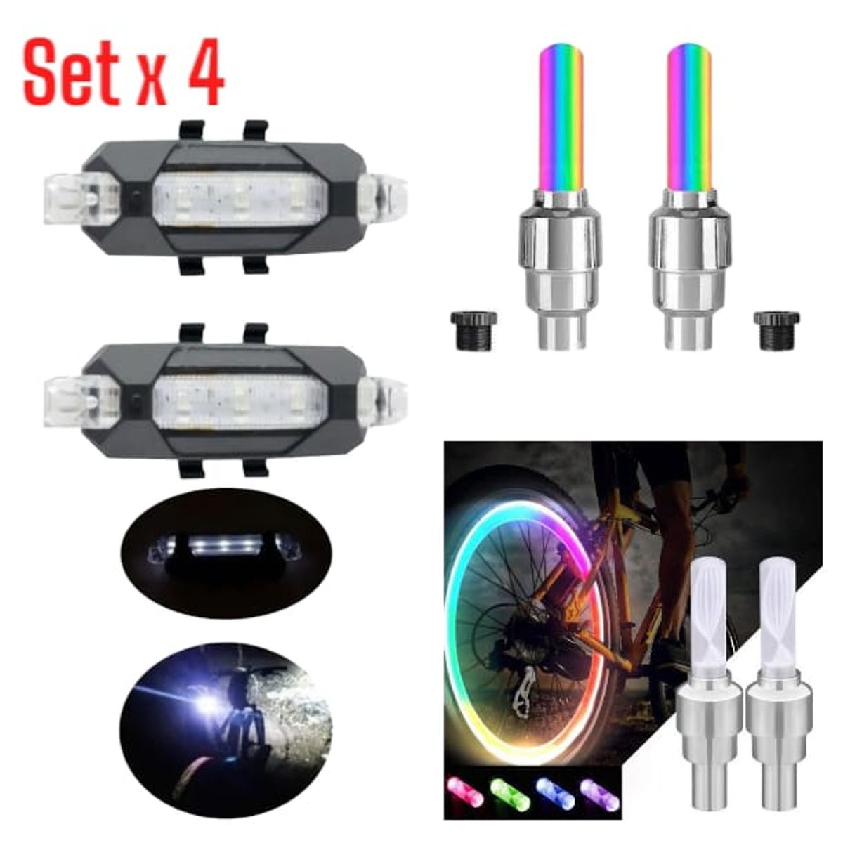 OEM - Luces RGB de Bicicleta 2 Traseras + 2 para Ruedas Coloridas