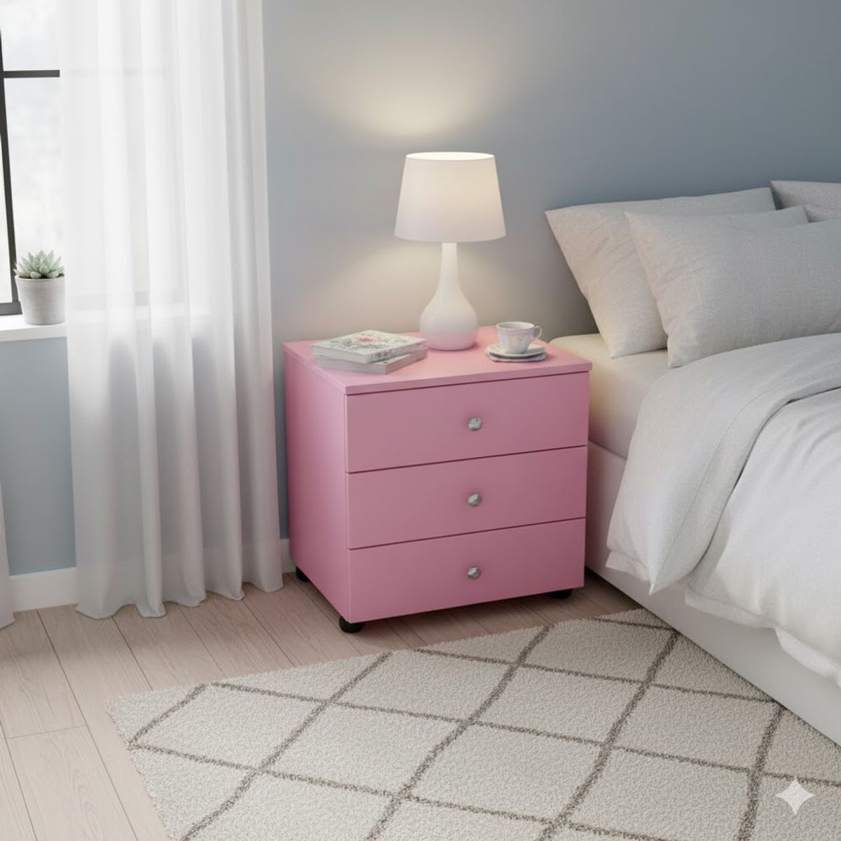 GENERICO - Cajonera rosada de 3 Cajones con ruedas rosada