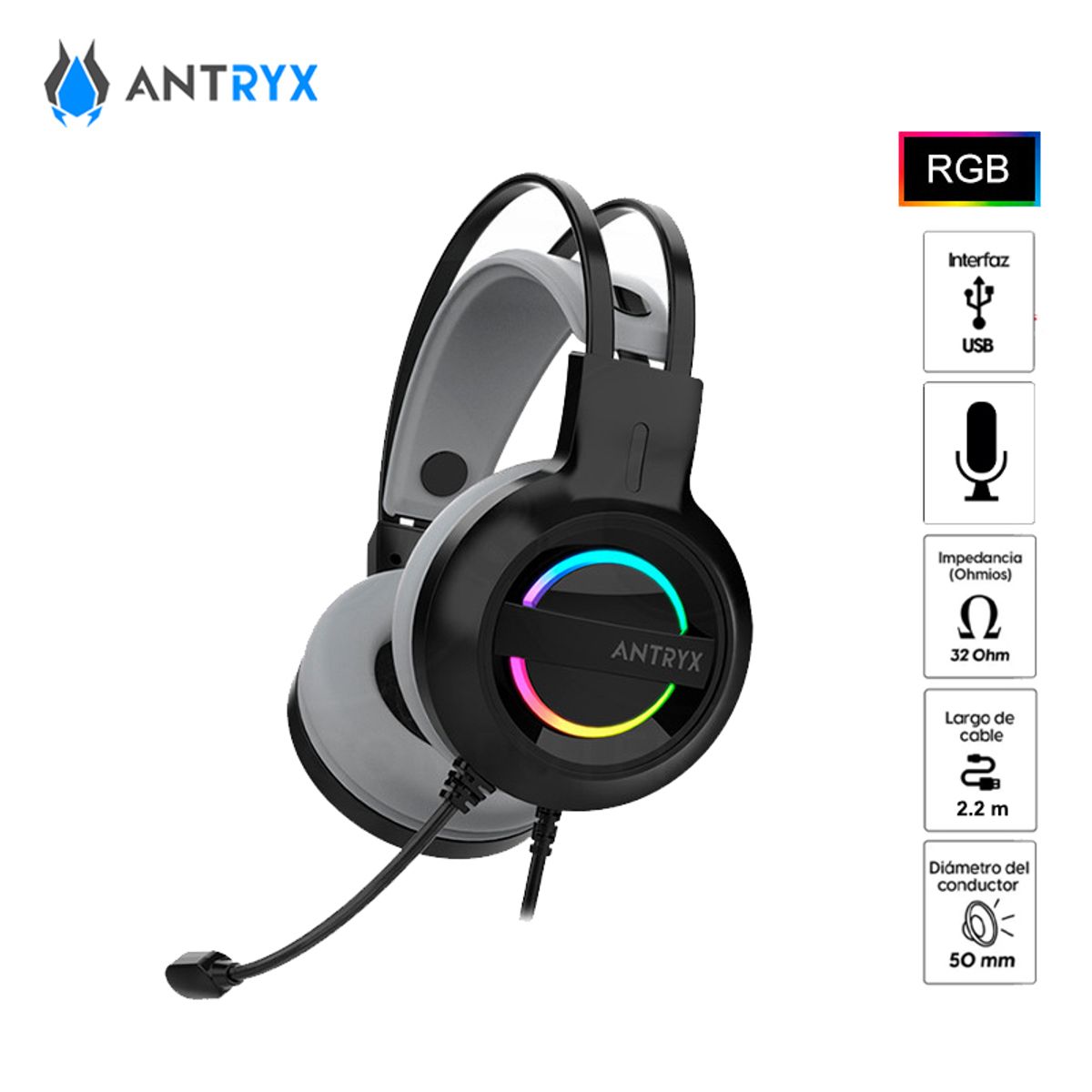 ANTRYX - AUDIFONO C/MICROFONO ANTRYX IRIS-K GRAY, 7.1 VIRTUAL, USB