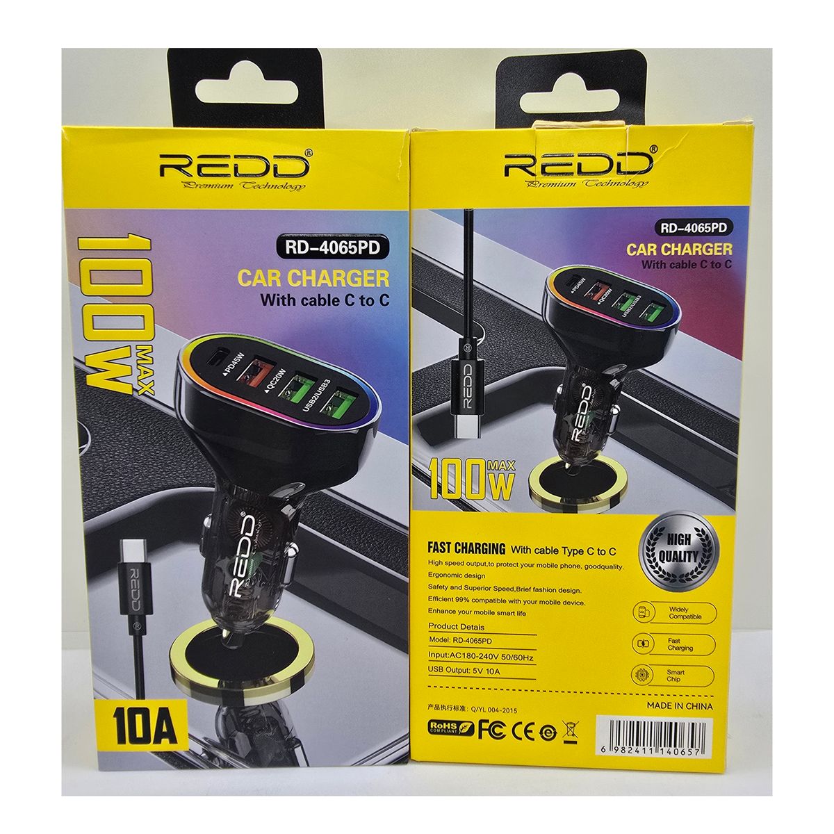 GENERICO - CARGADOR REDD  PARA  CARRO 3 PUERTOS USB/PD/CABLE C 100W