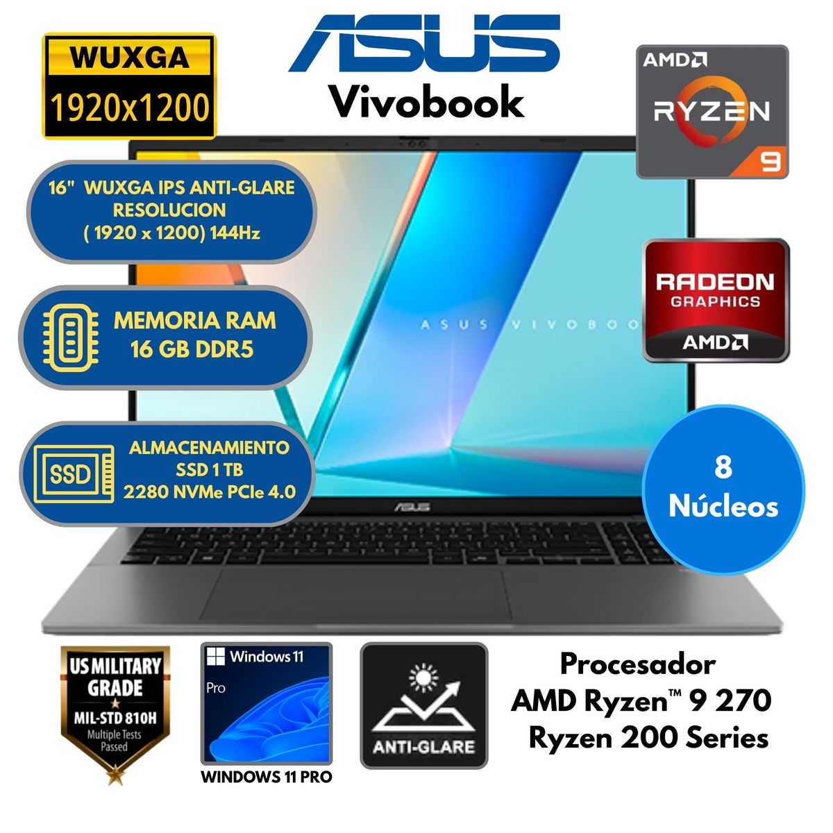 ASUS - Laptop Asus Vivobook S16 AMD Ryzen 9-RAM 16 GB SSD 1TB 16" WUXGA IPS Windows 11 PRO