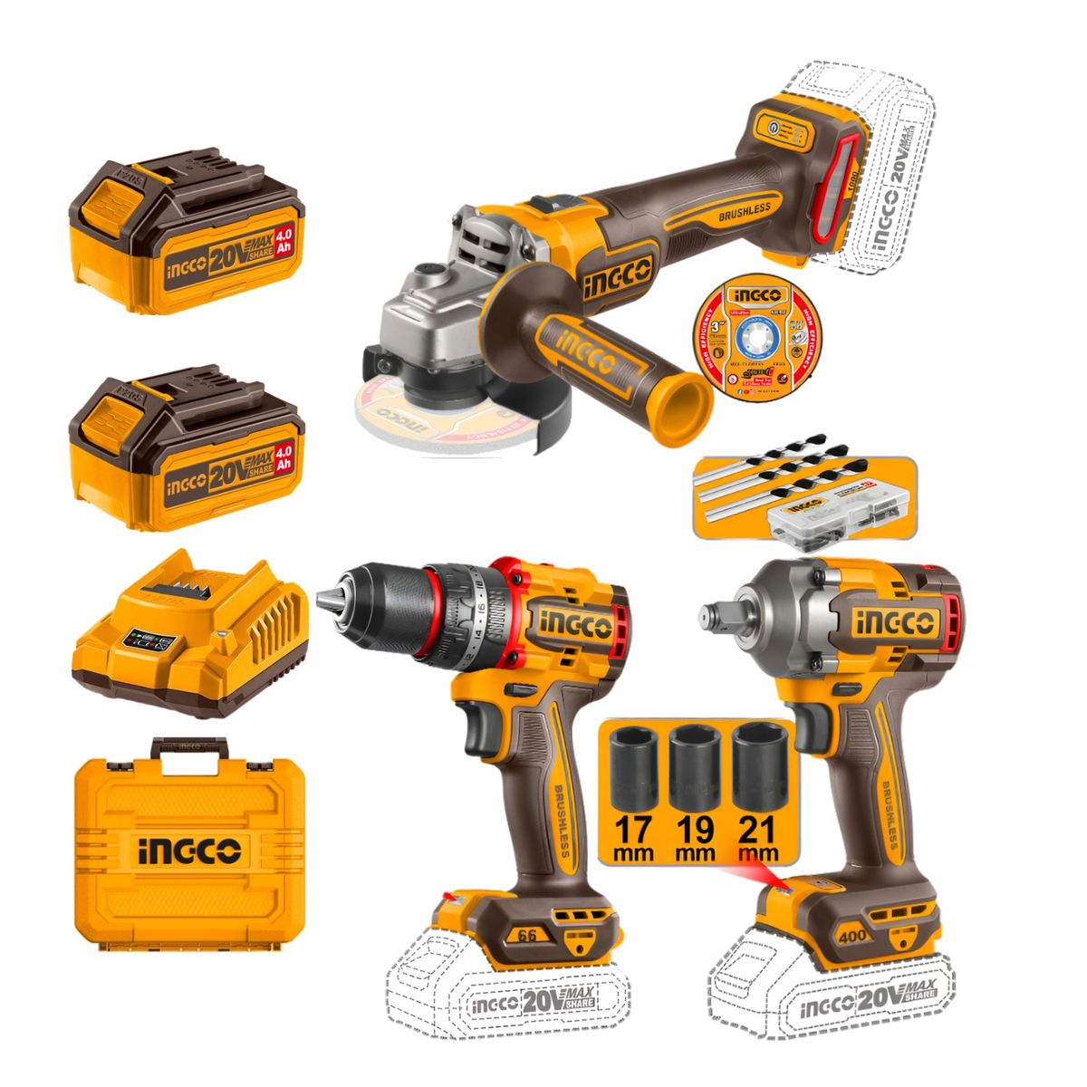 INGCO TOOLS - Combo industrial taladro percutor + amoladora + llave de impacto Ingco