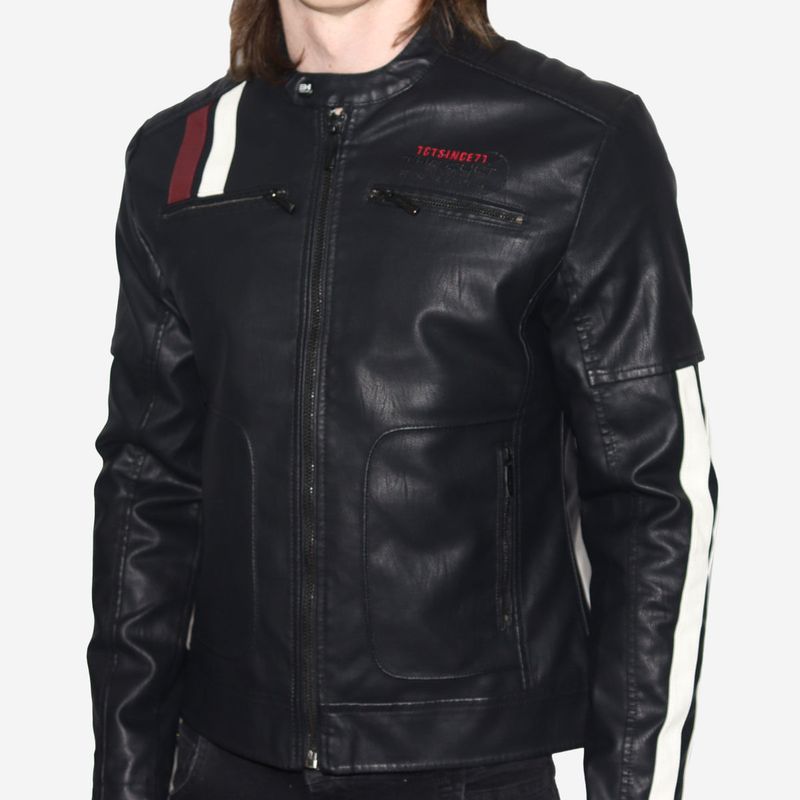 THE CULT - Casaca biker ecocuero con detalles tricolor – ideal para climas frios y estilo motociclista