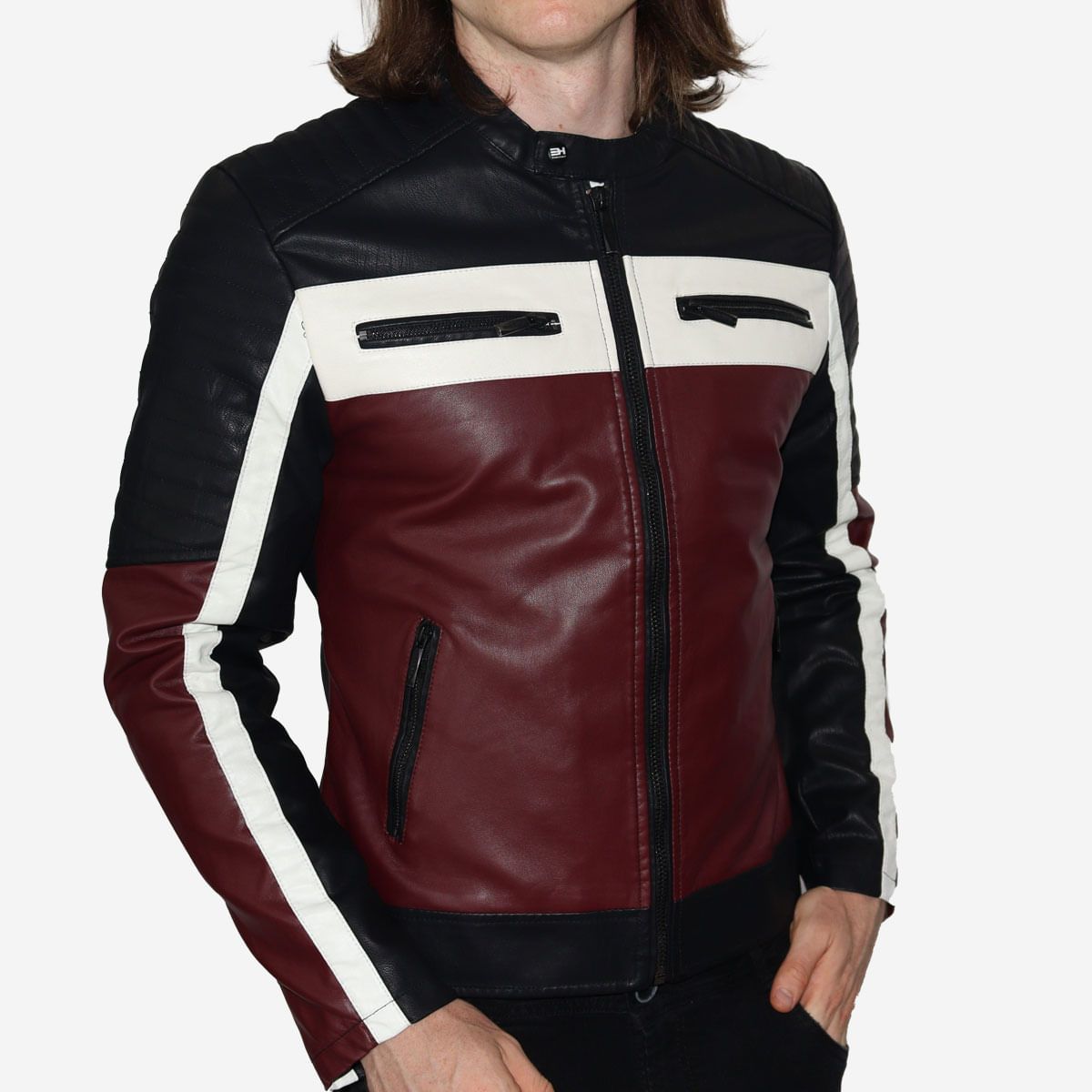 THE CULT - Casaca biker en ecocuero tricolor – ideal para climas frios, looks audaces y actitud urbana